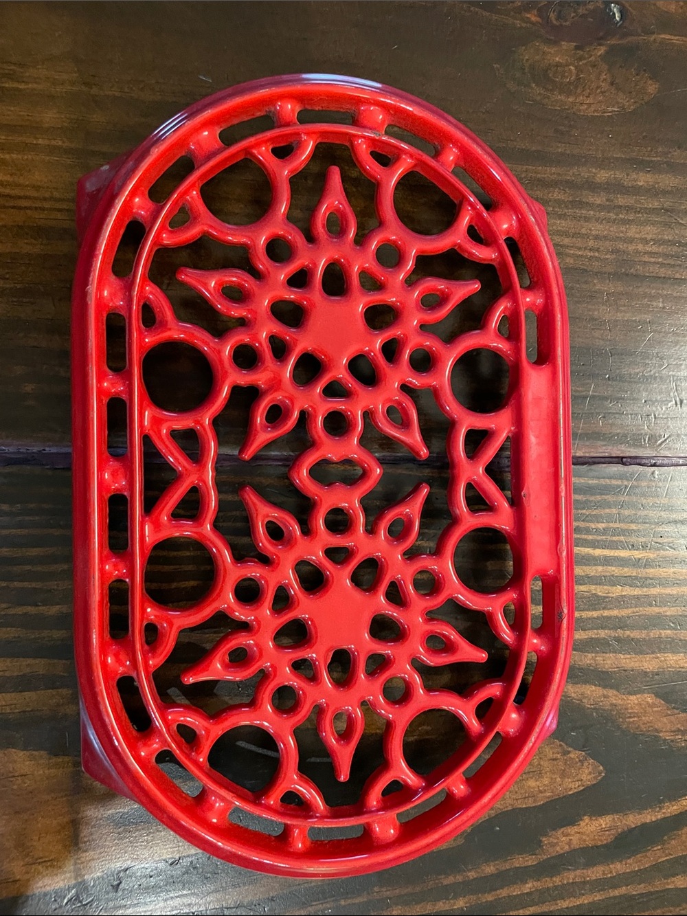Red Decorative Cast Iron Trivet with Floral Cutout
